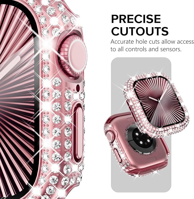 KADES Compatible with Apple Watch Series 11 10 42mm, Bling Full Diamond Rhinestone Protective Case with Built-in Screen Protector, Sparkling iWatch Protective Bumper Cover, Pink - Image 3