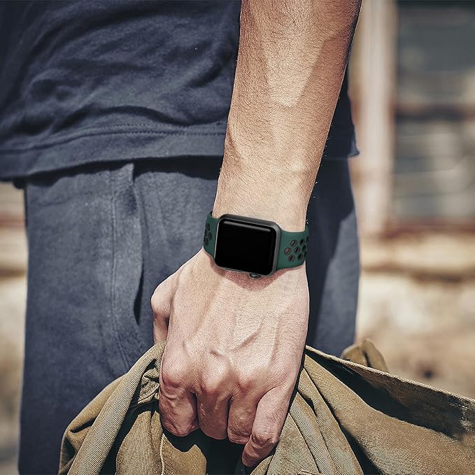 Lerobo Band Compatible with Apple Watch Band 38mm 40mm 42mm 41mm Women Men, Soft Breathable Silicone Sport Strap for iWatch Bands SE SE 3 SE 2nd Series 10 9 8 7 6 5 4 3 2 1, Darkgreen Black - Image 7