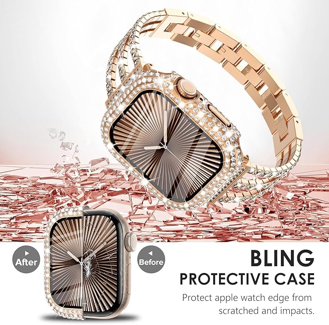 Surace Compatible with Apple Watch Series 11 Series 10 Case, 300 Crystal Diamonds with Screen Protector Overall Protective Case Face Cover Bling Bumper Case for Apple Watch 10 11 42mm, Rose Gold - Image 4