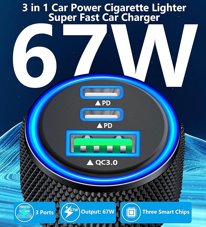 [Apple MFi Certified] iPhone 17 Car Charger, Rombica 3-Port 67W USB-C&USB-A Car Cigarette Lighter PD/QC Fast Car Charge with Type-C Braided Cord for iPhone 17/17 Pro Max/16 Pro/15/Galaxy S26/S25/Pixel - Image 3