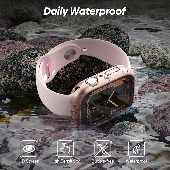 [2 Pack] 2 in 1 Waterproof Case Compatible for Apple Watch Series 9 8 7 45mm Screen Protector Tempered Glass Film PC Face Cover & Back Bumper for iWatch Accessories - 45mm Rosegold/Starlight - Image 3