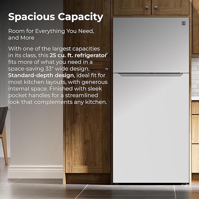 Kenmore 33" Top Mount Refrigerator with Freezer - Adjustable Shelving, Humidity-Controlled Crispers, Optional Ice Maker, LED Lighting, ENERGY STAR Certified, 25 cu. ft. Capacity - White - Image 3