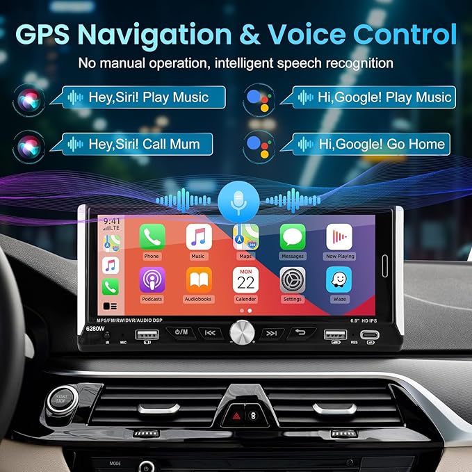 Single Din Car Stereo with Wireless Apple Carplay Android Auto, 6.9" IPS Touchscreen Car Stereo with Bluetooth 5.2 Handsfree Mirror Link Backup Camera GPS Navigation Dual USB Fast Charge FM AM EQ SWC - Image 6