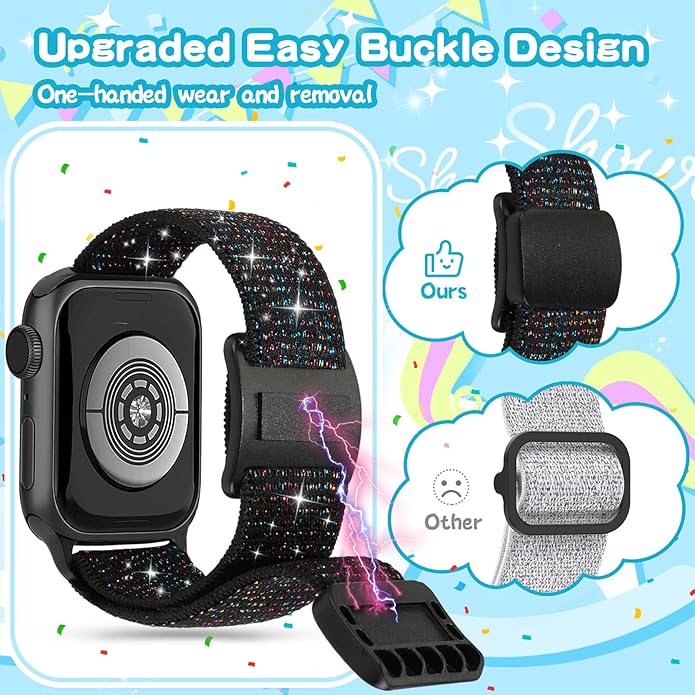 Stretchy Bands Compatible with Kids Apple Watch Band 38mm 40mm 41mm 42mm 44mm 45mm 46mm 49mm, Soft Elastic Glitter Strap for iWatch Series 10 9 8 7 6 5 4 3 SE SE2 SE3 Girls Boys - Image 4