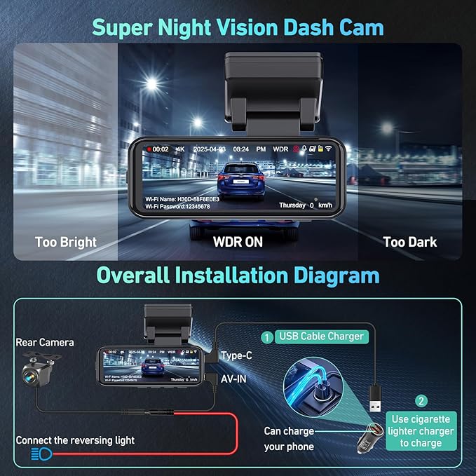 Dash Cam Front and Rear, 4K Dash Cam Built-in 5.8G WiFi GPS ADAS, 3.2" IPS Screen Dash Camera for Cars with Free 32GB Card,G-Sensor,Loop Recording,WDR,Night Vision Dashboard Camera - Image 7