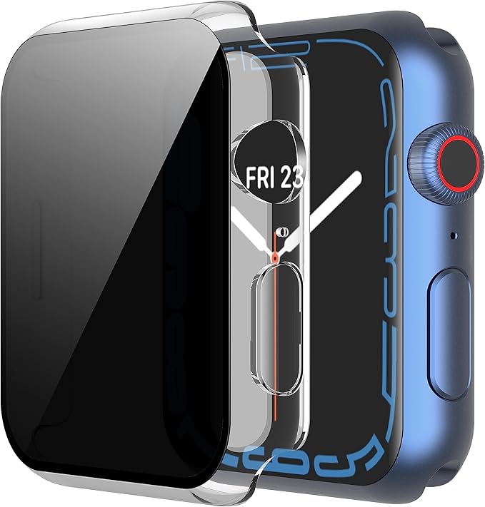 Misxi 2 Pack All-around Privacy PC HD Case with Button for Apple Watch Series 9 (2023) Series 8 Series 7 45mm, Shockproof Cover with Anti-Spy Tempered Glass Screen Protector for iWatch, Transparent by Misxi