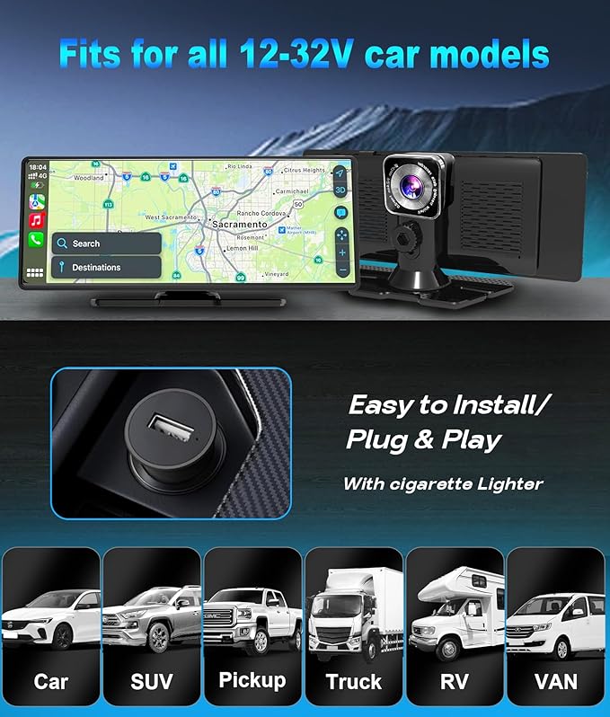 10.26” Carplay Screen for Car, HD IPS Wireless Portable Touch Screen with 64GB TF Card – Supports Apple Carplay & Android Auto, Mirror Link/4K Dash Cam/1080P Rear Camera/BT/FM/Voice Control - Image 5