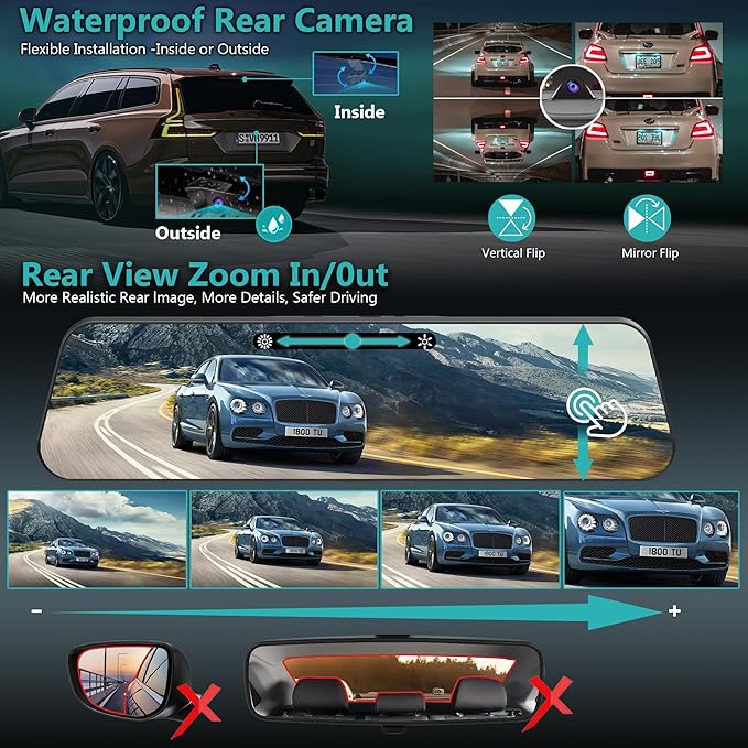 12'' 4K Rear View Mirror Camera,4K+2.5k Front and Rear Mirror Dash Cam,ADAS BSD LCA Smart Rearview Mirror for Cars,App WiFi,Night Vision, Parking Monitor, 64GB Card & GPS Digital View Mirror Dashcam - Image 7
