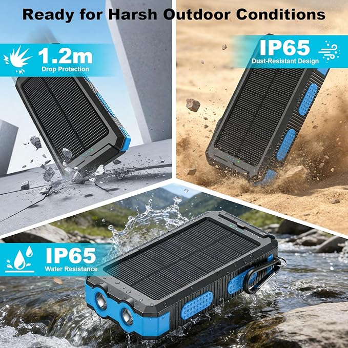 Solar Charger Power Bank 20000mAh Portable Charger with 4 Built-in Cables and USB-C in/Output, Dual Emergency Flashlights, Waterproof Outdoor Battery Pack for Camping, Hiking, Travel, and Storm Prep - Image 7