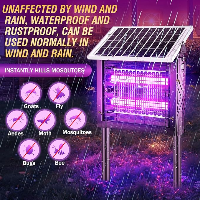 1 Pcs Solar Bug Zapper Outdoor with Rotatable Panel, 3000V Electric Fly Zapper Waterproof, 200W Dual Tube Mosquito Killer Lamp, 395nm UV Attractant, Solar & USB Rechargeable for Garden Patio - Image 4