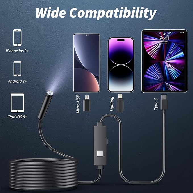 Endoscope Camera with Light,1920P HD Borescope Tools with 8 Adjustable LED Lights, Endoscope with Semi-Rigid Snake Camera, IP67 Waterproof Inspection Borescope for iOS and Android-32.8ft Single Lens - Image 6