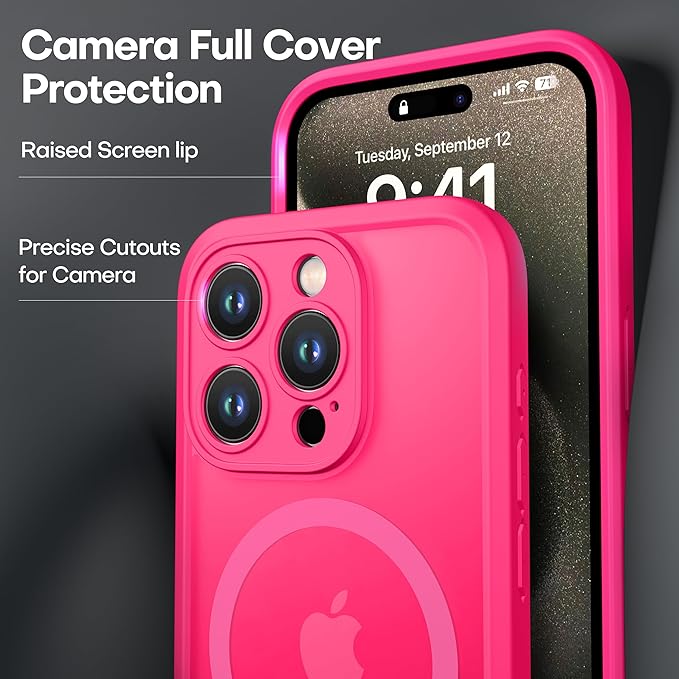 ImpactStrong Magnetic Guard Designed for iPhone 15 Pro Max Case [Camera Protection] [Military Grade Drop Tested] [Compatible with MagSafe] Slim Translucent Matte Phone Case (6.7") - Hot Pink - Image 5