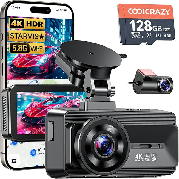 Coolcrazy 4K Dash Cam Front and Rear, STARVIS Sensor, Free 128GB Card Included, 5GHz WiFi-up to 20MB/s, Dual Dash Camera for Cars, Built-in GPS, G-Sensor, WDR/HDR Super Night Vision, 24H Parking Mode by COOLCRAZYDashCam
