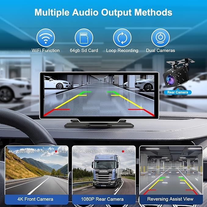 10.26" Wireless Carplay Screen for Car with 4K Dash Cam | Portable Car Play & Android Auto Touch Screen, 1080p Backup Camera, Mirror Link, Voice Control, GPS Navigation | for All Cars - Image 5