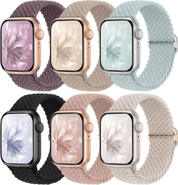 6 Pack Braided Stretchy Bands Compatible with Apple Watch Band 38mm 40mm 41mm 42mm 44mm 45mm 46mm 49mm Women Men, Adjustable Nylon Solo Loop Elastic Straps for iWatch Series 11 10 9 8 7 6 5 4 SE Ultra by KnossenWatchBand