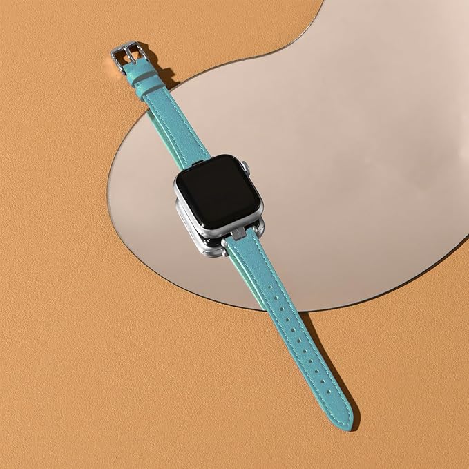 STIROLL Thin Leather Band Compatible with Apple Watch Bands 41mm 40mm 38mm 42mm(Series 11 10) Women, Stylish Top-Grain Leather Strap Slim Wristband for iWatch SE3/2/1 Series 9 8 7 6 5 4 3 2 1, Cyan Blue/Silver - Image 3