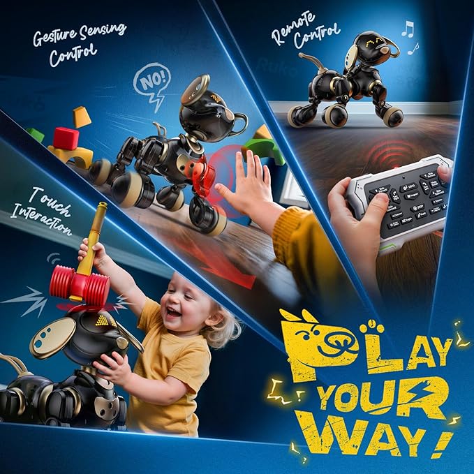 Ruko 18011 Robot Dog Toy, Smart Interactive Puppy with 30+ LED Faces, Remote & Gesture Control, Programmable Electronic Pet for Kids Ages 3–8, Black & Gold - Image 5