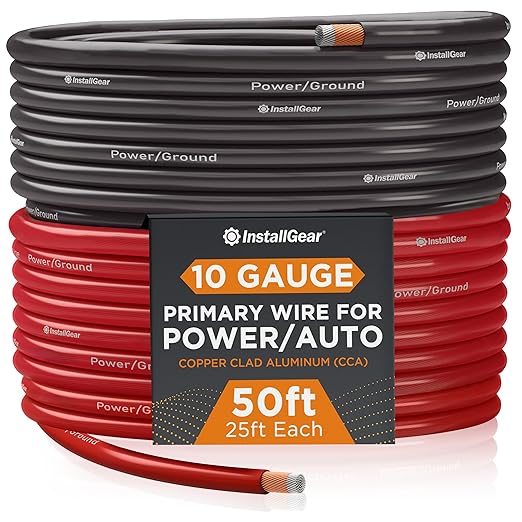 InstallGear 10 Gauge Wire (50ft) Copper Clad Aluminum CAA - Primary Automotive Wire, Car Amplifier Power & Ground Cable, Battery Cables, Car Audio Speaker Stereo, RV Trailer Wiring Welding Cable 10ga by InstallGear