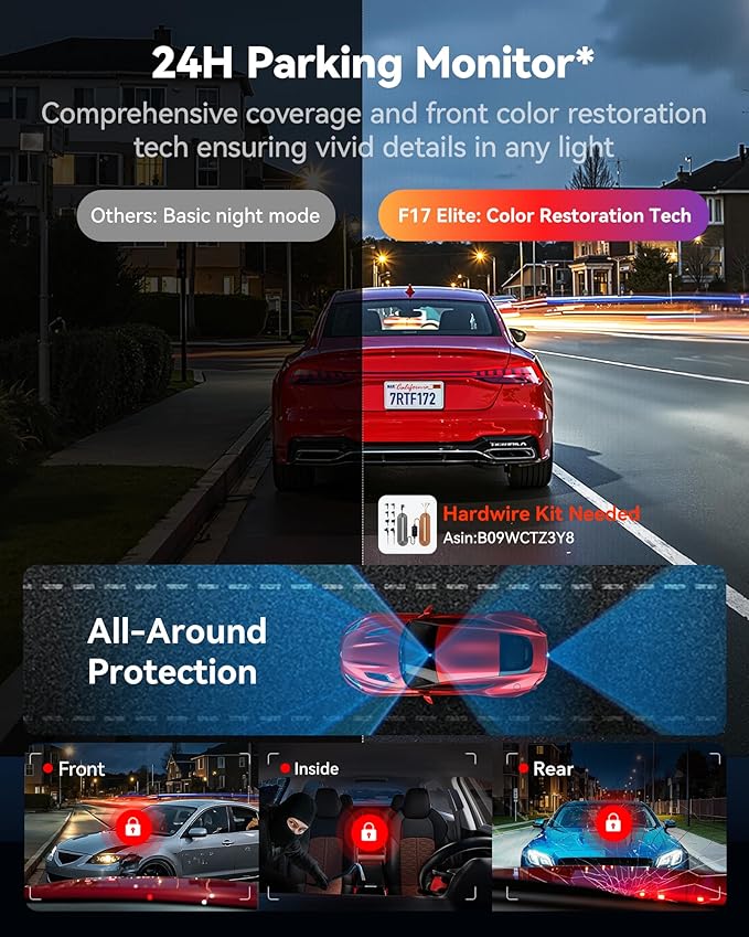 REDTIGER F17 Elite & USB C to USB C Power Cord, 4K Dash Cam 3 Channel, STARVIS 2 IMX678 & IMX675, Front and Rear Inside Car Camera for Cars, 128GB Card, Full Color Night Vision, 5.8GHz WiFi GPS, HDR - Image 5