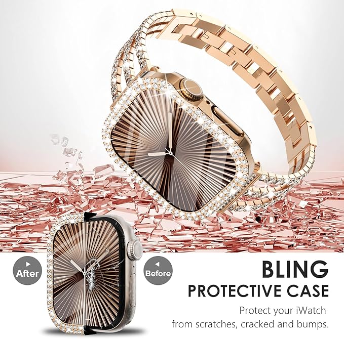 Surace Bling Apple Watch Case with Screen Protector Compatible with Apple Watch Series 11 Series 10 42mm, Crystal Diamond Overall Protective Case Face Cover Bumper 42mm, Rose Gold - Image 4