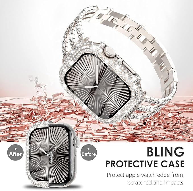 Surace Compatible with Apple Watch Series 11 Series 10 Case, 300 Crystal Diamonds with Screen Protector Overall Protective Case Face Cover Bling Bumper Case for Apple Watch 10 11 42mm, Starlight - Image 4