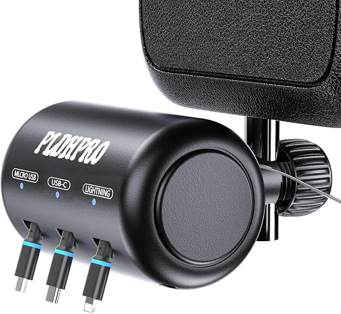 Retractable Car Backseat 3 in 1 Multi Charging Station Box with USB Type C Lightner Retractable Cables for All Phones | iPhone | Samsung | Android | Uber | Share Ride Customer Charging Dock by Pldhpro