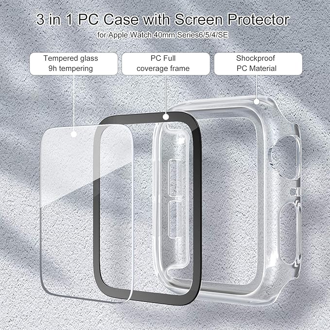 EDIMENS 2 Pack Hard PC Case Compatible with Apple Watch Series 6 / SE / 5/4 40mm Women Men, Overall PC Case Slim Tempered Glass Screen Protector Protective Cover for Apple iWatch 40mm SE Clear - Image 4