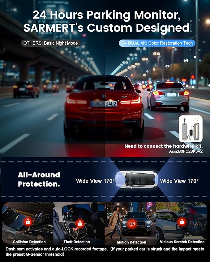 4K+4K Dash Cam Front and Rear, Sarmert C4 Dash Cam Free 128GB Card Included, Built-in GPS and 5G WiFi, HDR Night Vision, WDR Dash Camera for Cars, App, 24H Parking Mode - Image 5