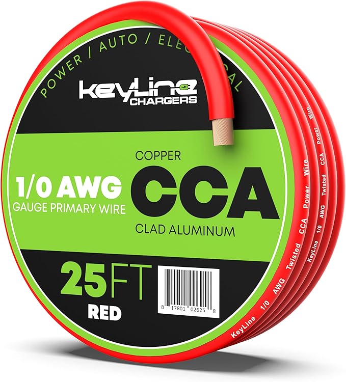 1/0 Gauge Amp Wire - 25ft Red | Best Used for Battery Cable, Marine Speaker Wiring, Solar Systems for RV Trailer, Car Audio Speaker, 8 AWG Automotive Copper Clad Aluminum (CCA) by KeyLine+Chargers