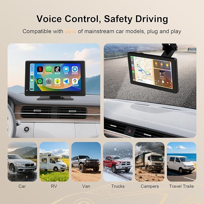 Haudio 7" Portable Wireless CarPlay & Android Auto Screen for Car, HD Touchscreen, Backup Camera, Bluetooth 5.0, FM Transmitter, Plug and Play, Voice Control, Fit All Vehicles - Image 5