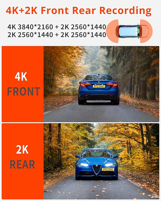 Kingslim D4PRO Dash Cam Front and Rear - 4K + 2K Dual Car Dashcam with WiFi GPS Dash Camera, Optional Inside Recording, Voice Control, Type C, Support 256GB Max - Image 2