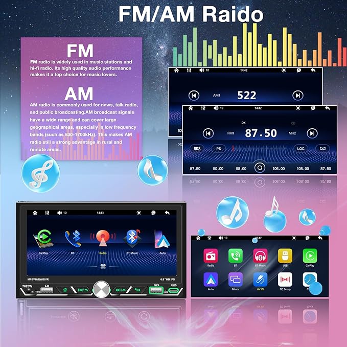 Wireless Apple CarPlay,Double Din Car Stereo,Bluetooth 5.2,FM AM Car Radio,HD 1280*600 Display,6.8" IPS Touchscreen,GPS Navigation,Android Auto,Backup Camera,MP5,Subwoorf,Type-C Fast Charging,Dual USB - Image 6
