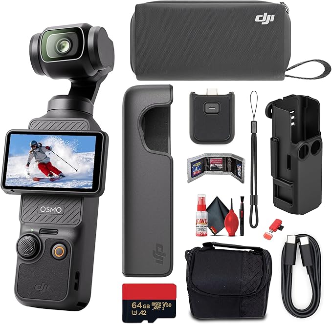 DJI Osmo Pocket 3 Gimbal Camera | 4K60 Video | 1-Inch Sensor | ActiveTrack 6.0 | Content Creation Camera for Vlogging (CP.OS.00000301.01) + 50-in-1 Action Accessory Kit + 64GB Memory Card + More by DJI