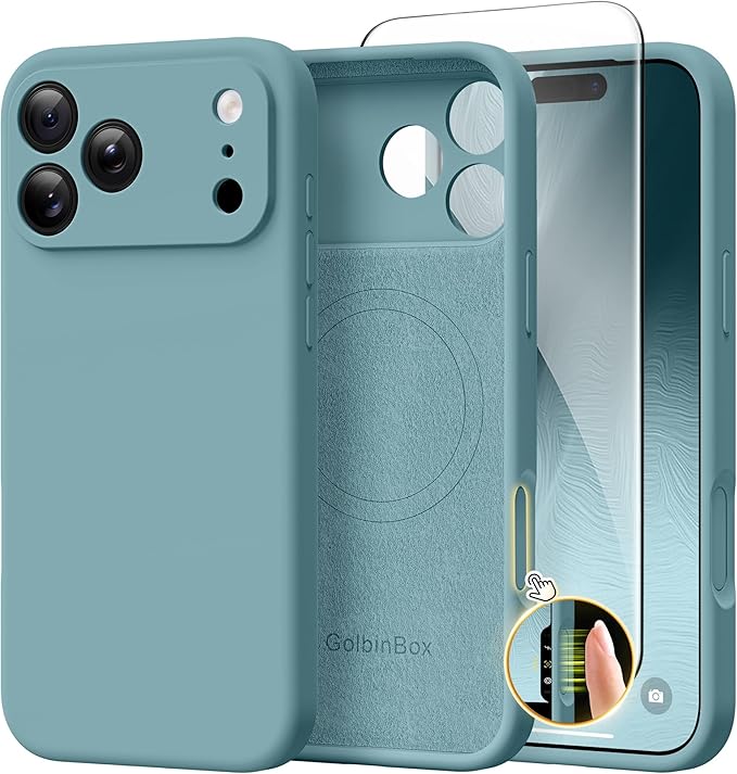 GolbinBox Magnetic for iPhone 17 Pro Case, Compatible with MagSafe, [Full Camera Protection] [Screen Protector], Silicone Shockproof Phone Cover with Anti-Scratch Microfiber Lining, Wave Green by GolbinBox