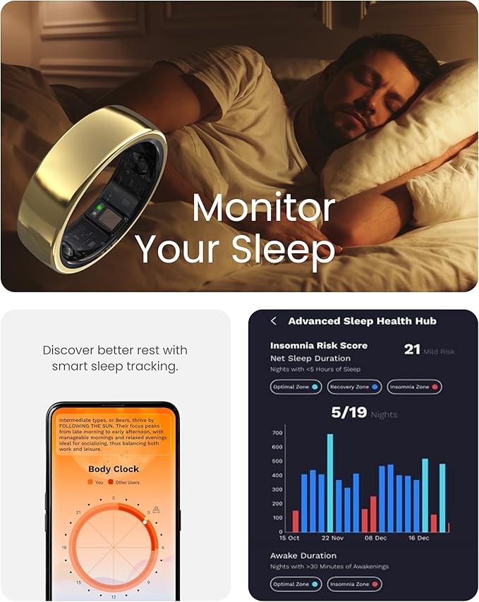 aaboRing Smart Ring, Men, Women, Track Heart Rate, Fitness, Activity, Sleep Stress Monitoring, Step Count, Up to 7 Days of Battery Life, Titanium, No App Subscription, Gold 11 - Image 3