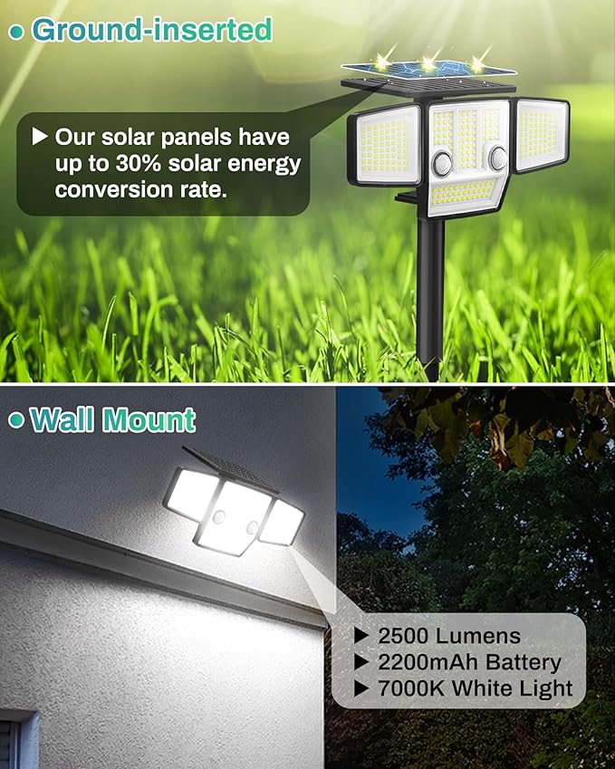 Solar Motion Light Outdoor with Stake, 180° PIR Motion Sensor 360° Illumination, In-Ground or Wall Mount, 236 LED 2500 Lumens Solar Powered Security Flood Light, 3 Modes, IP65 Waterproof, 1 Pack - Image 4