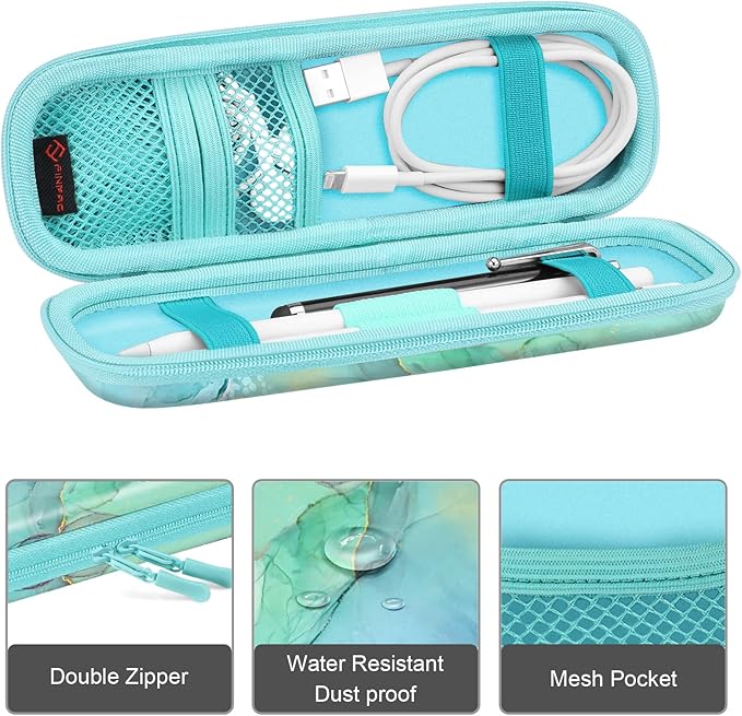 Fintie Holder Case for Apple Pencil Pro, Apple Pencil (USB-C / 1st / 2nd Generation), PU Leather Carrying Bag Sleeve Compatible with Pen, USB Cable, Samsung Stylus, Emerald Marble - Image 2