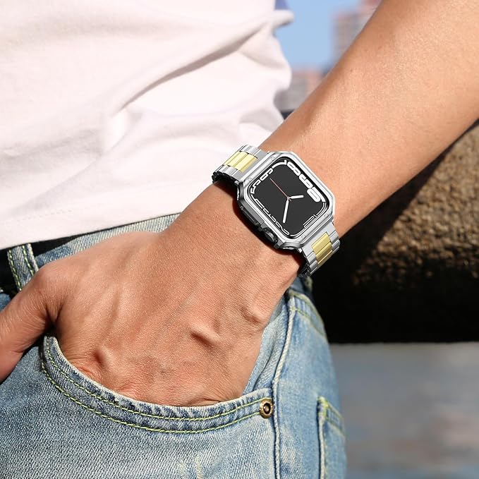 Designed for Apple Watch Band and Case, Stainless Steel Metal Chain with TPU Cover, Smart-Watch Link Bracelet Strap, Wrist-Band for i-Watch Series 9 8 7 6 5 4 3 2 1 SE, 45mm 44mm 42mm, Silver+Gold - Image 6