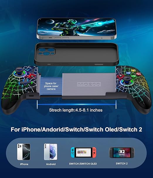 Mocagen Phone Controllers for iPhone/Android/Switch/Oled/Switch 2 - Hall Effect Joysticks & Triggers, Mobile Gaming Controller with 7 RGB Light, Macros, Turbo, Keylinker APP, Mac - Image 3