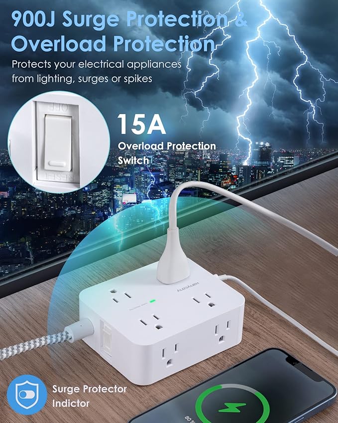 6Ft Surge Protector Power Strip with USB C, HANYCONY Extension Cord with 8 Outlets(2.2 IN) 4 USB Ports(2 USB C), Flat Plug, Wall Mount, 3 Side Outlet Extender for Home Dorm Room Essentials, ETL Listed - Image 6
