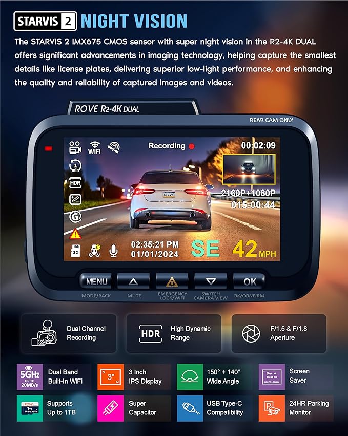 ROVE R2-4K DUAL Dash Cam Front and Rear, STARVIS 2 Sensor, FREE 128GB Card Included, 5G WiFi - up to 20MB/s Fastest Download Speed with App, 4K 2160P/FHD Dash Camera for Cars, 3" IPS, 24H Parking Mode - Image 4