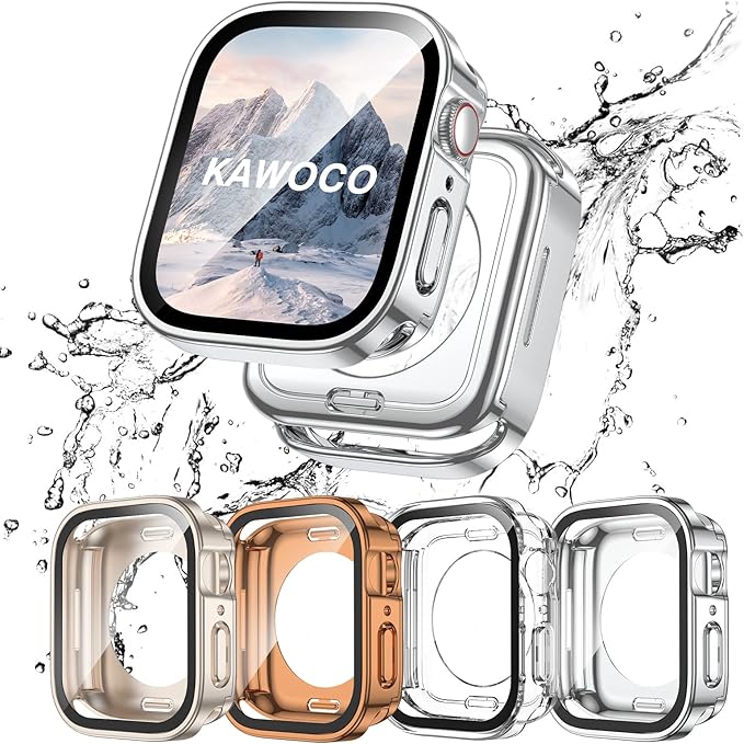4 Pack Compatible with Apple Watch Waterproof Case 40mm Series 6/5/4/SE with Tempered Glass Screen Protector, 2 in 1 Full Coverage Bumper Protective Cover for iWatch Accessories 40 mm by Kawoco