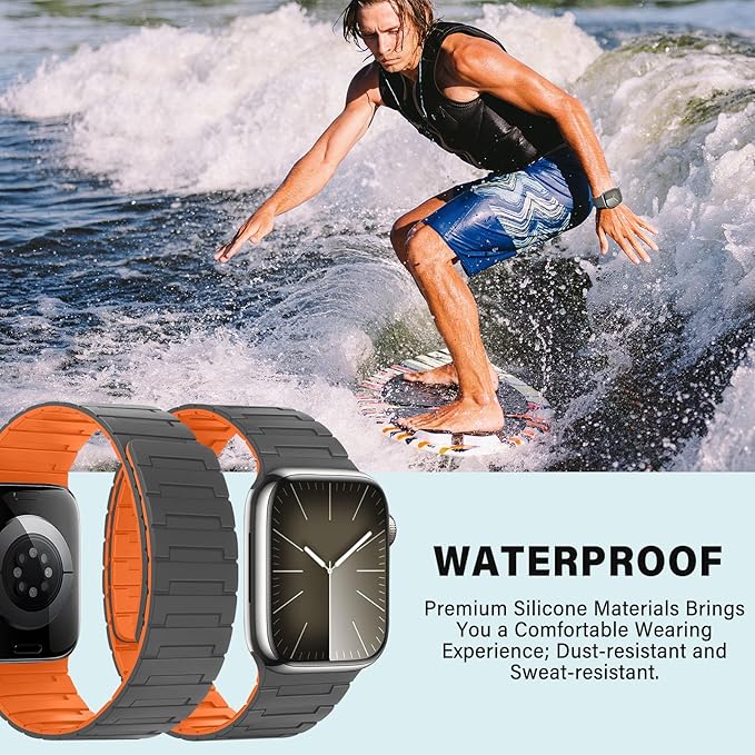 Bisikor Magnetic Bands Compatible with Apple Watch Band 49/46/45/44/42/41/40/38mm Men Women Silicone Sport Wristband for iWatch Ultra SE Series 11 10 9 8 7 6 5 4 3 (38/40/41/42, Grey/Orange) - Image 5