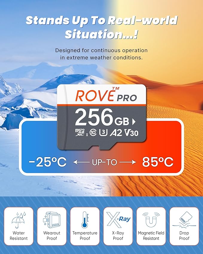 ROVE PRO Micro SD Card microSDXC 256GB Memory Card with Full-Size SD Adapter 100MB/s Read Speed, C10, U3, V30, 4K, A2 for Dash Cam, Android Smart Phones, Tablets, Games - Image 4