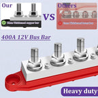 400A 12V Bus Bar Marine Power Distribution Block with Cover with 4 x 3/8”Post 3 x #8 Screws Terminals,Battery Bus Bar (Pair, Red & Black),Automotive Busbars 12 Volt for Car Boat Solar Wiring - Image 2