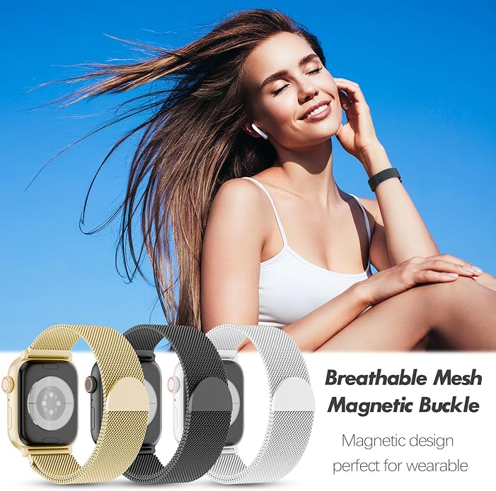 3 Pack Metal Mesh Loop Compatible with Apple Watch Band 38mm 40mm 41mm 42mm 44mm 45mm 46mm 49mm Women Men, Stainless Steel Magnetic Clasp Strap for iWatch Series 11 10 9 8 SE 7 6 5 4 3 2 1 Ultra - Image 7