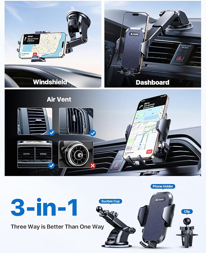 andobil Car Phone Holder Mount (Strong Suction&Bumpy Road Stable) Phone Holders for Your Car, Cell Phone Car Mount for Windshield Dash Vent Truck Cradle Stand for iPhone 17 16 15 14 Pro Max, Blue - Image 6