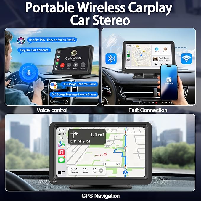 LEXXSON Portable Wireless Carplay Car Stereo, 7" HD Carplay Screen for Car with CarPlay & Android Auto with Backup Camera, GPS, Bluetooth, Voice Control, Mirror Link, FM, AUX - Image 2
