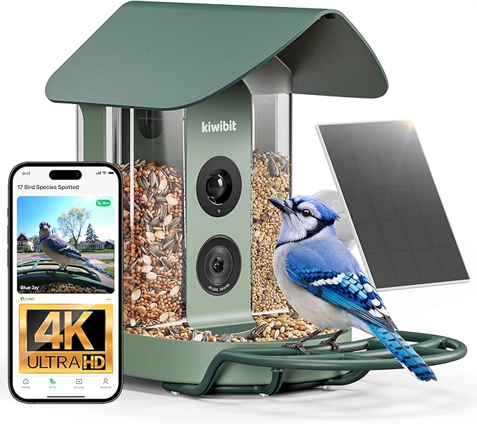 Smart Bird Feeder 4K AI Camera with Solar Panel for Outdoors, Bird Species Identification, 8MP Photos, 4K Video Livestream, Real-Time Bird Alerts, Birdwatching Gifts for Bird Lovers, Sage Pine by Kiwibit