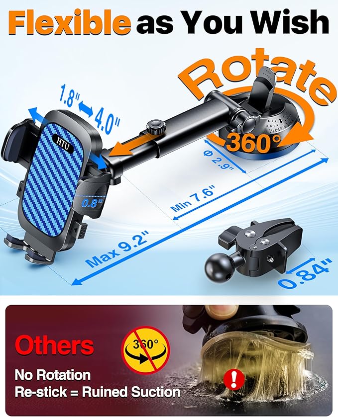 HTU 2026 Ultimate Best【True Military-Grade & Safety Cert】Car Phone Holder【Upgraded 360 Rotation & 100+LBS Strongest Suction】5-in-1 Truck Windshield Dashboard Vent Mount Stand for iPhone Android, Blue - Image 9